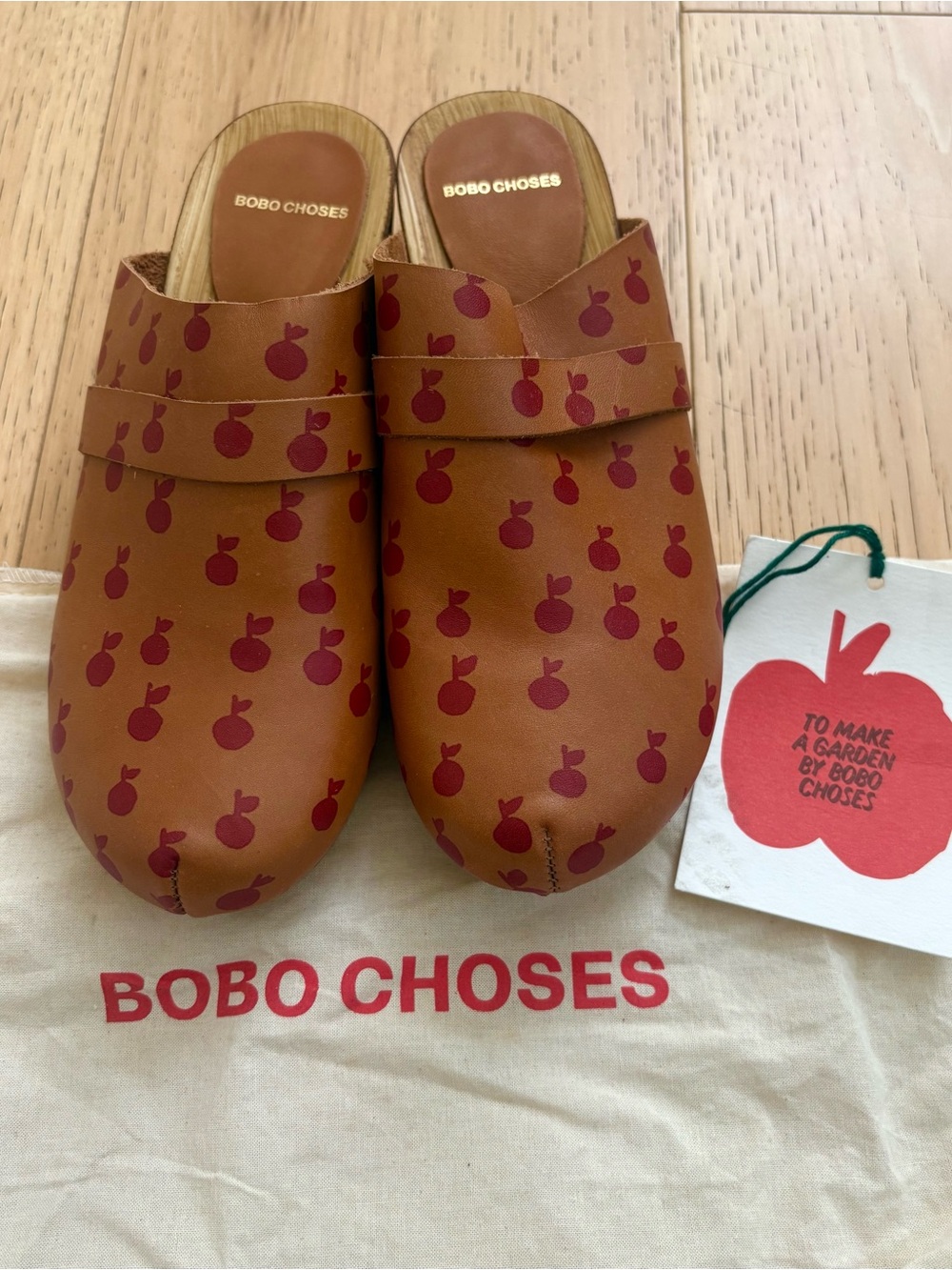 Bobo Choses Brown Mules with Red Apple Motif
